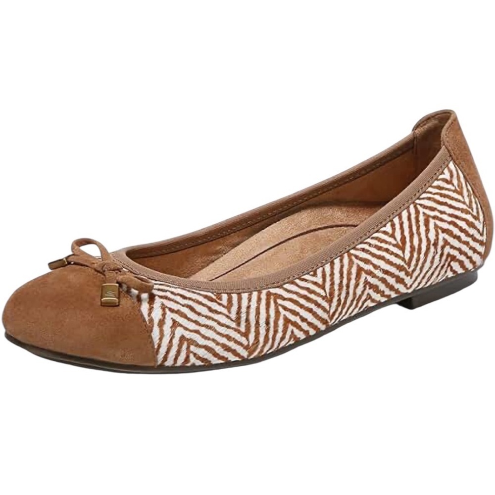 Vionic Minnie brown and white calf hair suede cap toe bow ballet flats